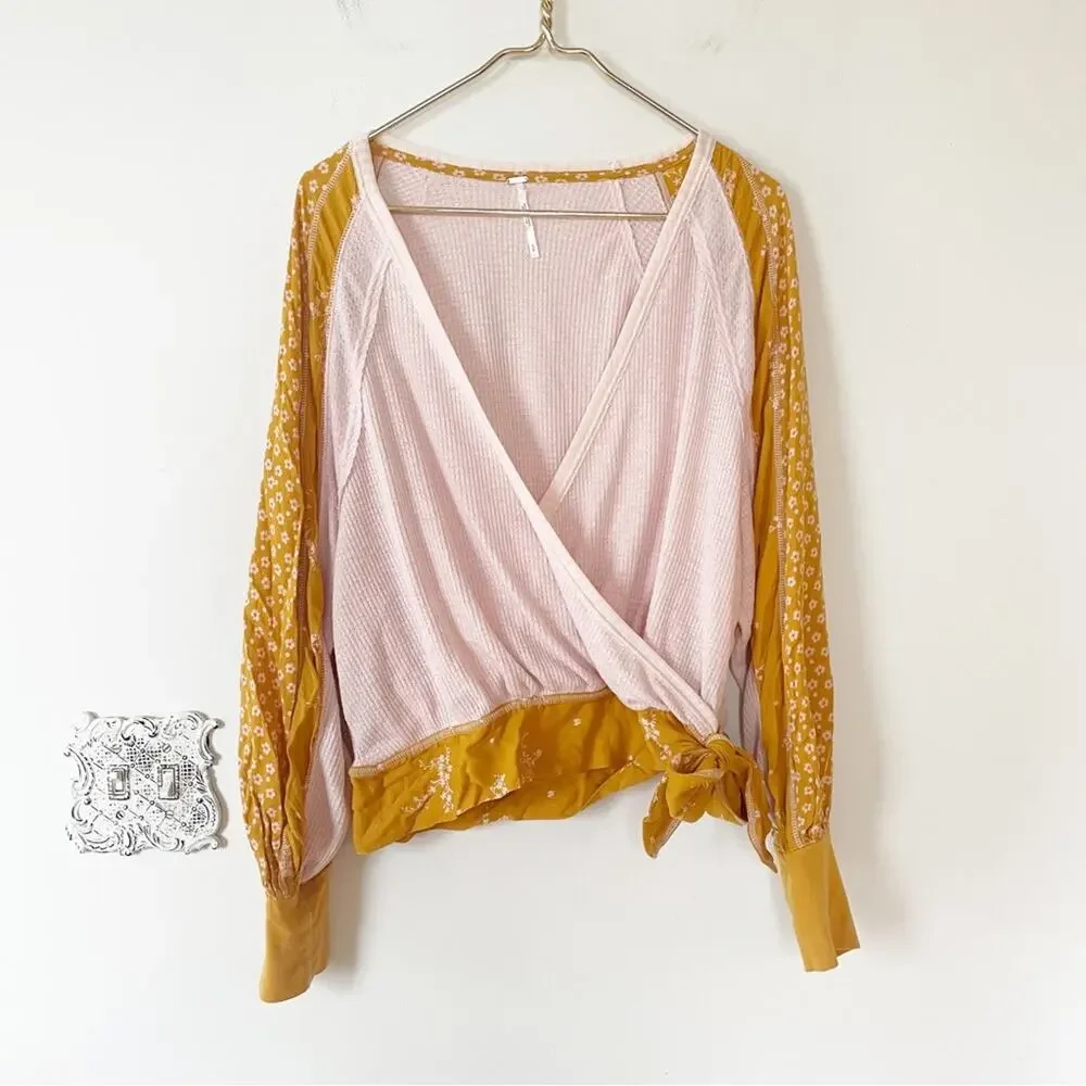 Free People Auxton Floral Thermal Wrap Top  in Light Pink and Mustard S - Picture 4 of 10